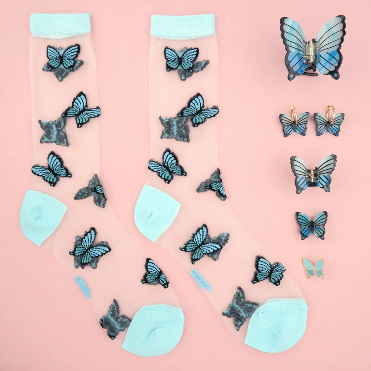 Chaussettes Transparentes Papillon - Bleu - Image 4